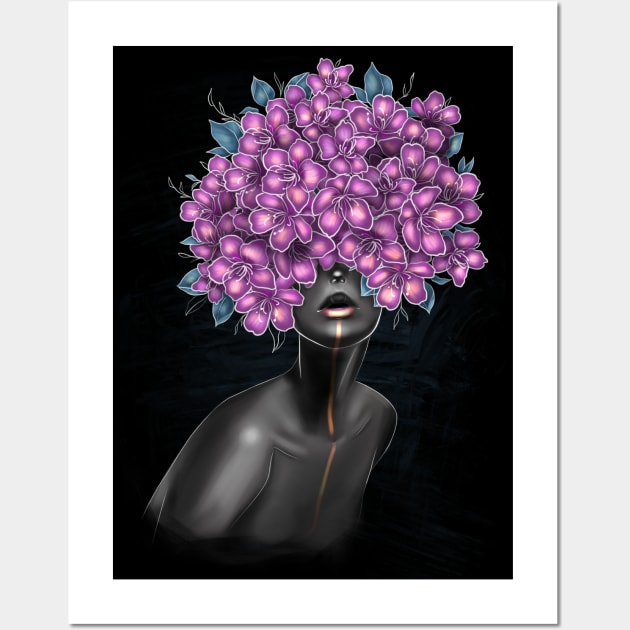 Black and white girl with color beautiful flowers in her head. Wall Art by Olena Tyshchenko